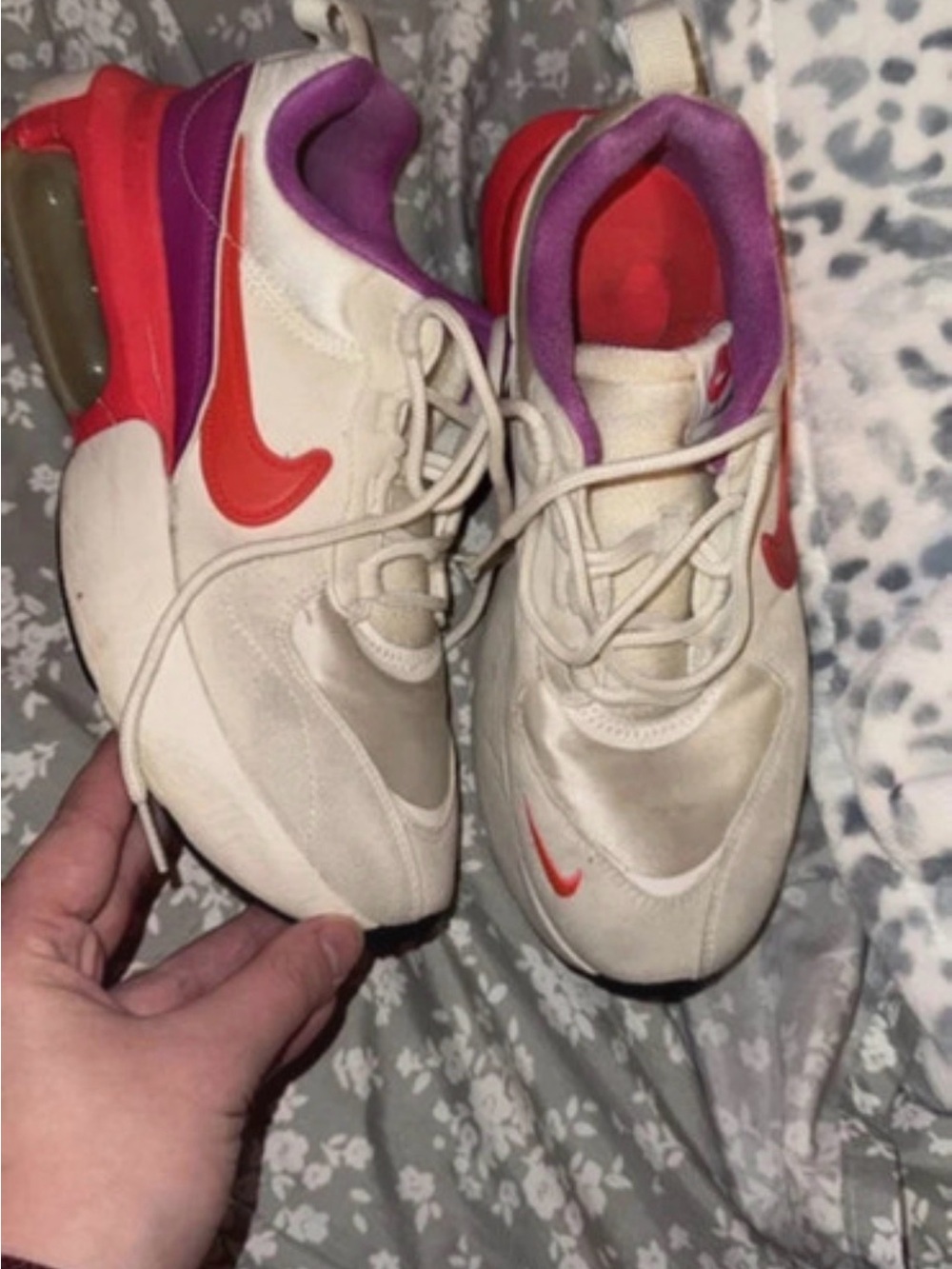 Nike Women’s Cream Sneakers with Red Swoosh and Purple Lining